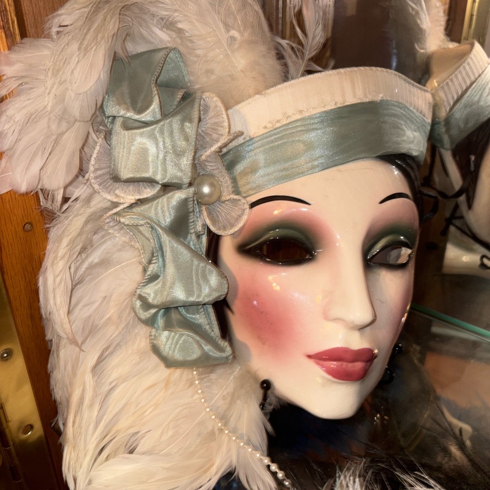 Elegant White and Mint Feathered Mask